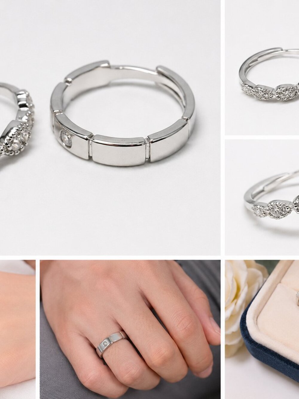 Ring-42--Luxury Couple Wedding Ring Set Adjustable CZ Matching Rings